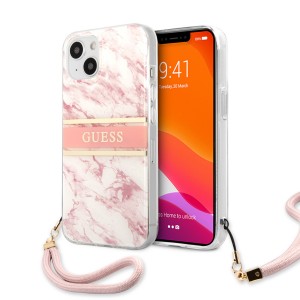 Guess iPhone 13 Hülle Case Cover Marble mit Schlaufe weiß / rosa