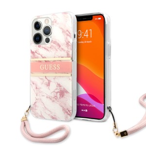 Guess iPhone 13 Pro Max Hülle Case Cover Marble mit Schlaufe weiß / rosa