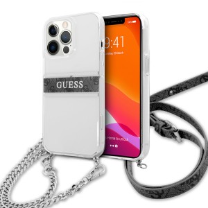 Guess iPhone 13 Pro Max Hülle Case Cover Transparent 4G Grey Stripe Crossbody