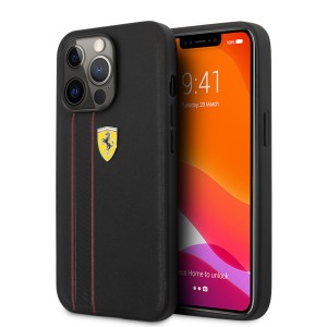 Ferrari iPhone 13 Pro Hülle Case Cover Debossed Stripes Echtleder Schwarz