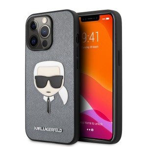 Karl Lagerfeld iPhone 13 Pro Max Hülle Case Saffiano Karl`s Head Silber