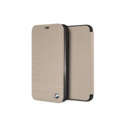 BMW Signature Logo Genuine Leather Case / Book Cover iPhone XS Max Taupe