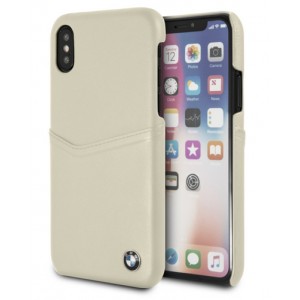 BMW iPhone Xs / X real leather card case / cover taupe