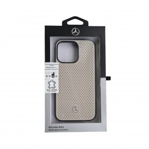 Mercedes iPhone 13 Pro Case Cover Perforated Real Leather Gray