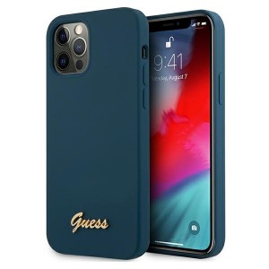 GUESS iPhone 12 Pro Max Silicone Case Blue Metal Logo Script GUHCP12LLSLMGBL