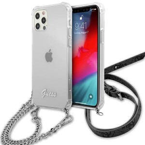 Guess iPhone 12 / 12 Pro Case Cover Transparent Silver Chain Belt