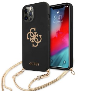 Guess iPhone 12 / 12 Pro Case Cover Hülle Silikon Schwarz 4G Gold Kette