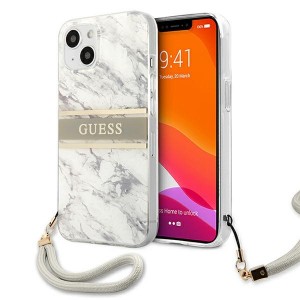 Guess iPhone 13 mini Hülle Case Cover Marble mit Schlaufe weiß / Grau