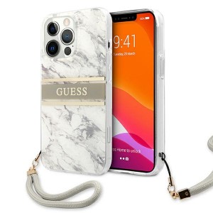 Guess iPhone 13 Pro Max Hülle Case Cover Marble mit Schlaufe weiß grau