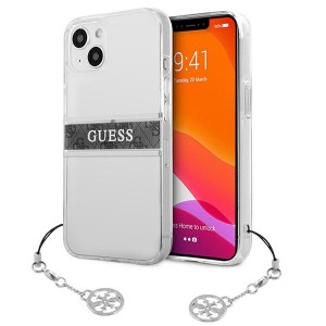 Guess iPhone 13 Hülle Case Cover Transparent 4G Grau Strap Charm