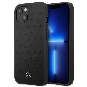 Mercedes iPhone 13 Case Cover Stars Pattern Real Leather Black