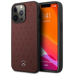Mercedes iPhone 13 Pro Max Stars Pattern Cover Case Real Leather Red