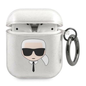 Karl Lagerfeld AirPods 1 / 2 Case Cover Glitter Karl`s Head Silver