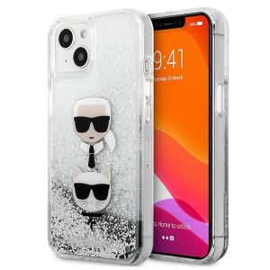 Karl Lagerfeld iPhone 13 mini Hülle Case Liquid Glitter Karl & Choupette Head Silber