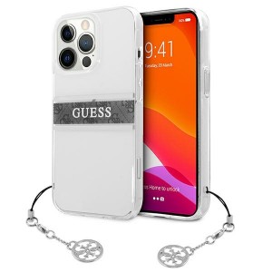 Guess iPhone 13 Pro Max Hülle Case 4G Grey Strap Charm Transparent