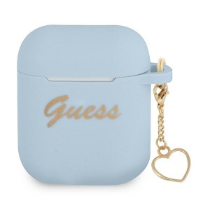 Guess AirPods 1 / 2 Hülle Case Cover Silikon Charm Herz Blau