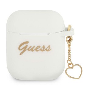 Guess AirPods 1 / 2 Hülle Case Cover Silikon Charm Herz Weiß