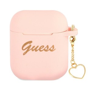 Guess AirPods 1 / 2 Hülle Case Cover Silikon Charm Herz Rosa
