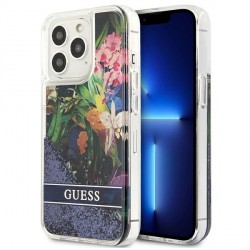 Guess iPhone 13 Pro Case Cover Flower Liquid Glitter Blue