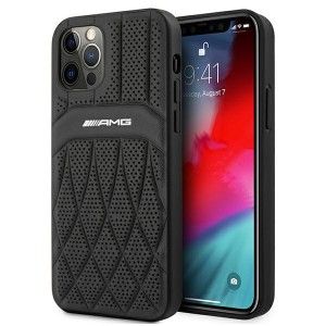 AMG iPhone 12 / 12 Pro Case Real Leather Curved Lines Black