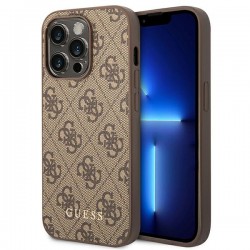 Guess iPhone 14 Pro Case Cover 4G Metal Gold Logo Brown