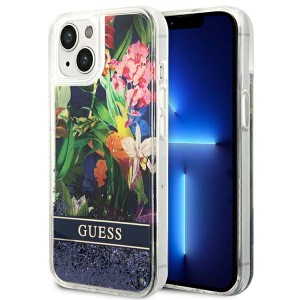 Guess iPhone 14 Plus Hülle Case Cover Flower Liquid Glitter Blau