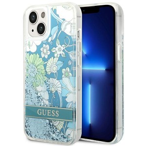 Guess iPhone 14 Hülle Case Cover Flower Liquid Glitter Grün