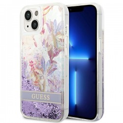 Guess iPhone 14 Case Cover Flower Liquid Glitter Purple