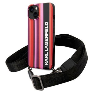 Karl Lagerfeld iPhone 14 Plus Case Stripes Shoulder Strap Pink