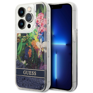 Guess iPhone 14 Pro Hülle Case Cover Flower Liquid Glitter Blau