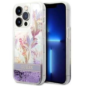Guess iPhone 14 Pro Hülle Case Cover Flower Liquid Glitter Violett