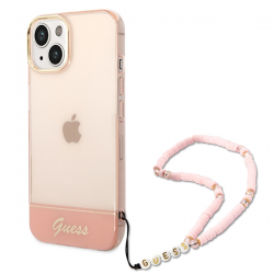 Guess iPhone 14 Plus Case Cover Translucent Pearl strap Pink