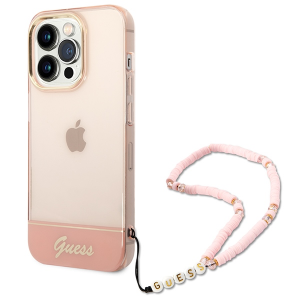 Guess iPhone 14 Pro Max case cover translucent pearl strap pink