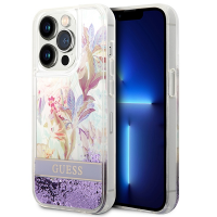 Guess iPhone 14 Pro Max Hülle Case Cover Flower Liquid Glitter Violett