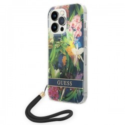 Guess iPhone 14 Pro Max Case Cover Flowers Print Strap Blue