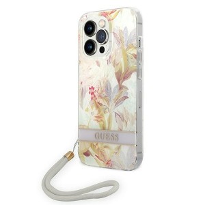 Guess iPhone 14 Pro Max Hülle Case Cover Blumen Print Strap Lila