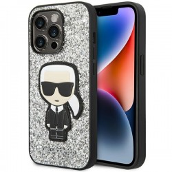 Karl Lagerfeld iPhone 14 Pro Hülle Case Cover Glitter Flakes Ikonik Silber