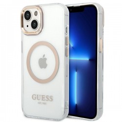 Guess iPhone 14 / 15 / 13 Magsafe Hülle Case Cover Metal Outline Gold