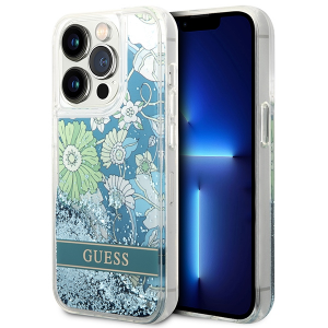 Guess iPhone 14 Pro Hülle Case Cover Flower Liquid Glitter Grün