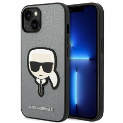 Karl Lagerfeld iPhone 14 Plus Hülle Case Saffiano Karl`s Head Patch Silber