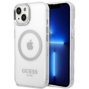 Guess iPhone 14 Plus Magsafe Hülle Case Cover Metal Outline Silber