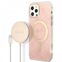 Guess iPhone 12 / 12 Pro SET MagSafe Ladegerät + 4G Hülle Case Rosa Pink