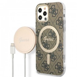 Guess iPhone 12 / 12 Pro SET MagSafe Charger + 4G Cover Case Brown