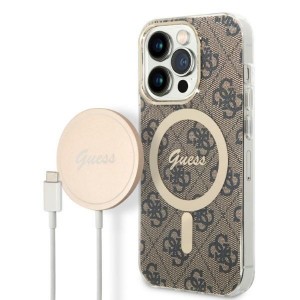 Guess iPhone 14 Pro SET MagSafe Charger + 4G Cover Case Brown
