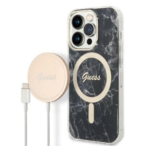 Guess iPhone 14 Pro SET MagSafe Charger + Marble Case Black