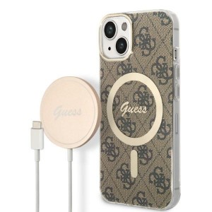 Guess iPhone 14 Plus SET MagSafe Charger + 4G Cover Case Brown
