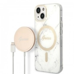 Guess iPhone 14 Plus SET MagSafe Ladegerät + Marmor Hülle Case Weiß