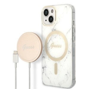 Guess iPhone 14 Plus SET MagSafe Charger + Marble Cover Case White