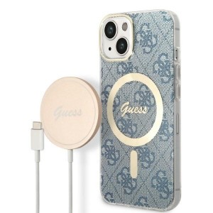 Guess iPhone 14 SET MagSafe Ladegerät + 4G Hülle Case Blau