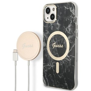 Guess iPhone 14 SET MagSafe Charger + Marble Case Cover Black